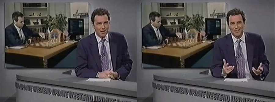 NormSNLJokes's tweet photo. On Wednesday, world chess champion Garry Kasparov tied Deep Blue, the IBM supercomputer that can examine two hundred million positions per second, in the fourth game of their six-game series.

Earlier in the week, Kasparov admitted he committed a catastrophic blunder in game two, when he failed to force a draw by moving rook to E8. Opting instead for a Caro-Kann Defense, that soon transposed into a Pribyl defense. Which, after Deep Blue moved bishop to E7,  gave him the advantage with his Knight position.

With all due respect to Mister Kasparov... what the hell were you thinking?!?
