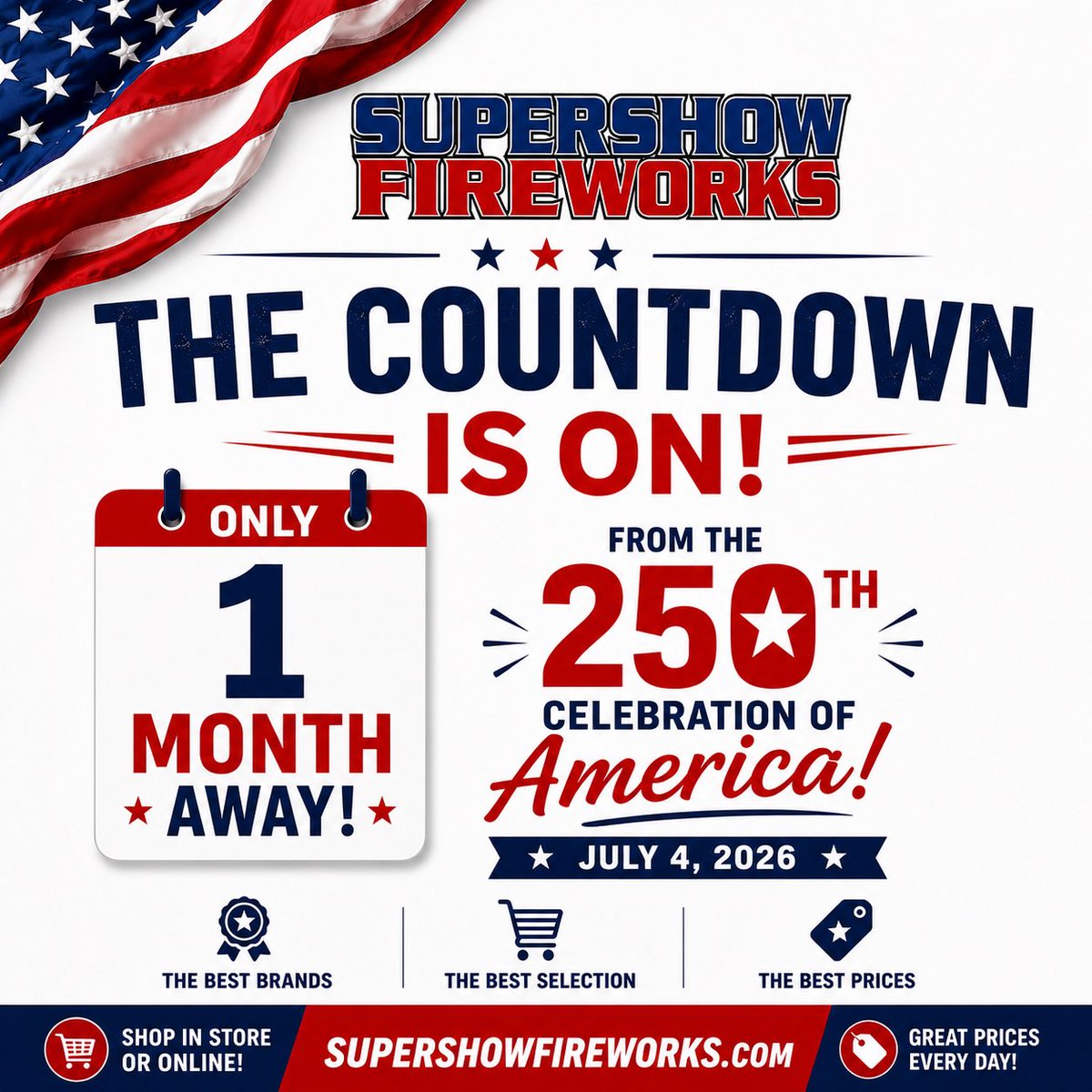 SSFireworks's tweet photo. The Big 250 is only 1 month away. The Show has your hookup for only the highest quality fireworks at most competitive prices. IYKYK - visit us online or in store - we will take care of you! https://t.co/mDWJ7K2BNN