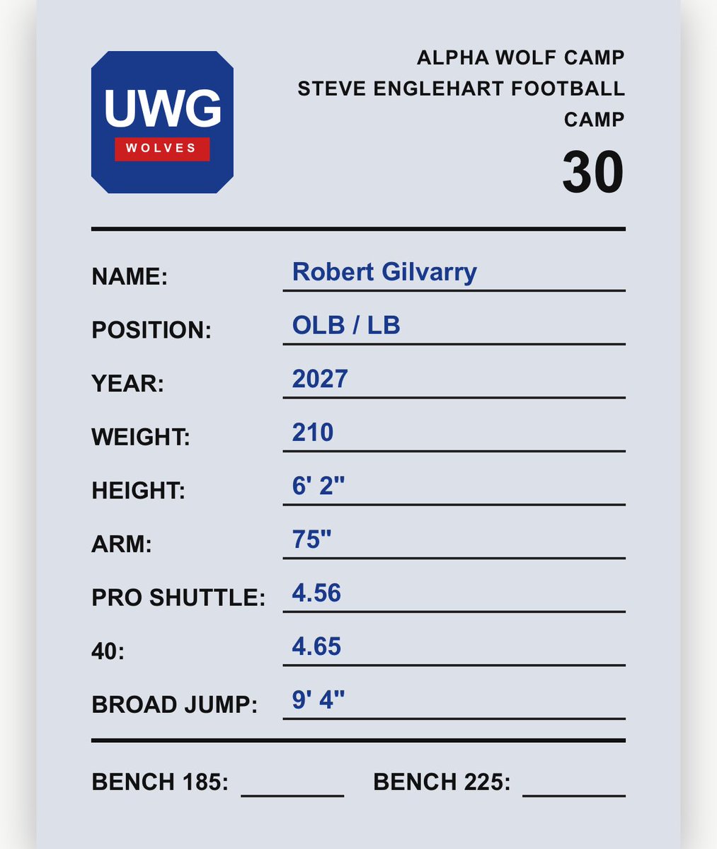 robert_gilvarry's tweet photo. Had an amazing time at the UWG Alpha Wolf Camp! Ran a 4.65 40, 4.56 pro shuttle, 75” arm, and 9’4” broad jump. Blessed to compete and learn from @Coach_Englehart , @TyreeThompson05 and the staff. Hope to be back soon! @UWGFootball https://t.co/Gfgxn4hUOU