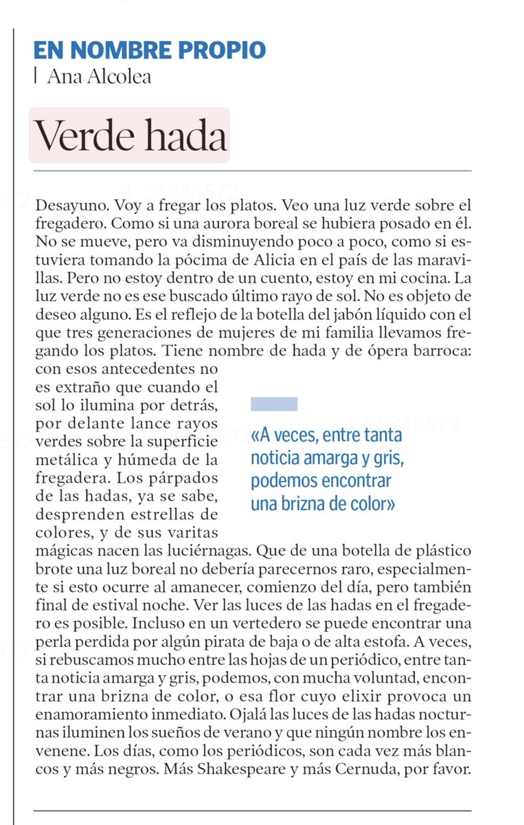 Sergbar's tweet photo. «Ojalá las luces de las hadas nocturnas iluminen los sueños de verano y que ningún nombre los envenene. Los días, como los periódicos, son cada vez más blancos y más negros. Más Shakespeare y más Cernuda, por favor.» 😀

✍🏼 Lo de @carlotacasanova en @heraldoes 'Verde hada' https://t.co/FW18N86lz8