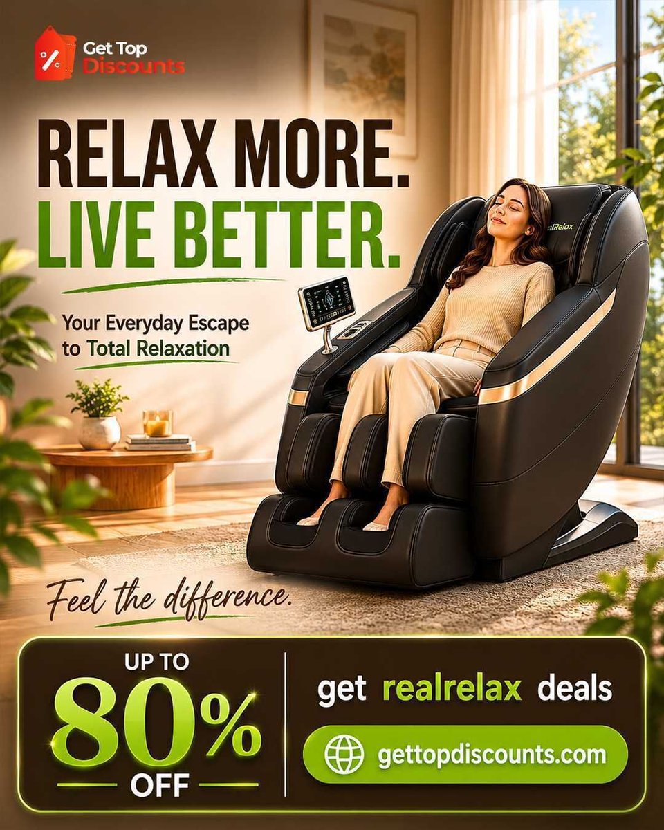 gettopdiscounts's tweet photo. 💆 Real Relax Relax More Live Better

Bring spa-like comfort home with premium massage chairs designed for total relaxation and everyday wellness.

💸 Up to 80% OFF
👉 https://t.co/i8YXUIYm9m

#Ad #AffiliateLink #RealRelax #MassageChair #HomeWellness #RelaxMore #GetTopDiscounts https://t.co/0p1MVaSvHp