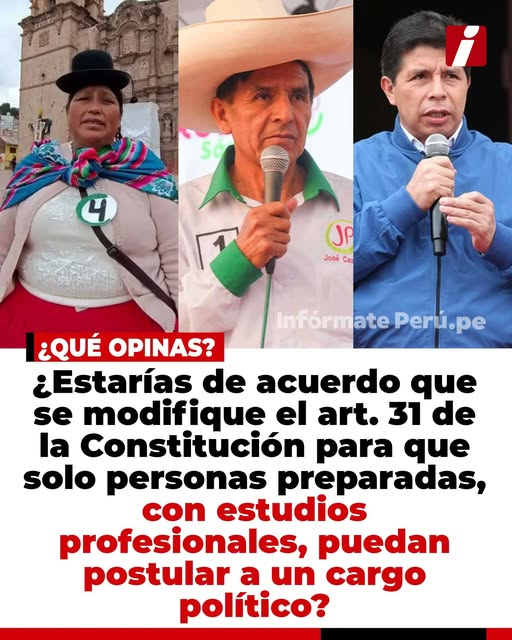 ALECMORRIScr7's tweet photo. ¿SE DEBERÍA DE MODIFICAR EL ART. 31 DE LA CONSTITUCIÓN PARA QUE SÓLO PERSONAS PREPARADAS CON ESTUDIOS PROFESIONALES, PUEDAN POSTULAR A UN CARGO POLÍTICO?
FUENTE: Infórmate Perú https://t.co/84m27CMTTT