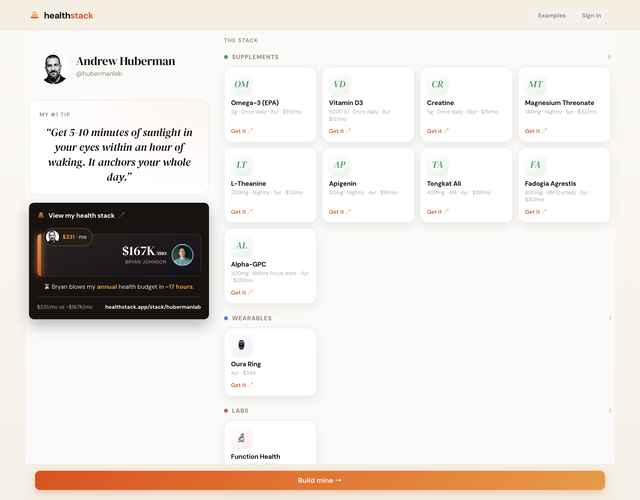 TheCryptoCPA's tweet photo. Every fitness influencer's supplement stack is buried across 100s of podcast episodes and blog posts.

So I vibe-coded a site that shows them all in one place (Huberman, Bryan Johnson, Attia, Rogan), every supplement, wearable & lab, with the why.

Then build & share your own 👇

https://t.co/LavaqCAcTu