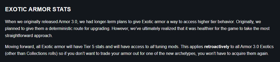 Destiny2Team's tweet photo. Exotic Armor getting the T5 treatment - this change is more than just tiering.

We know the Dev Insights articles have been lengthy, so no shame in missing some of the fun tidbits. Team's been firing on all cylinders to make MoT a fun time.

https://t.co/2PtOheJ8Sh https://t.co/2b3zSaY39P
