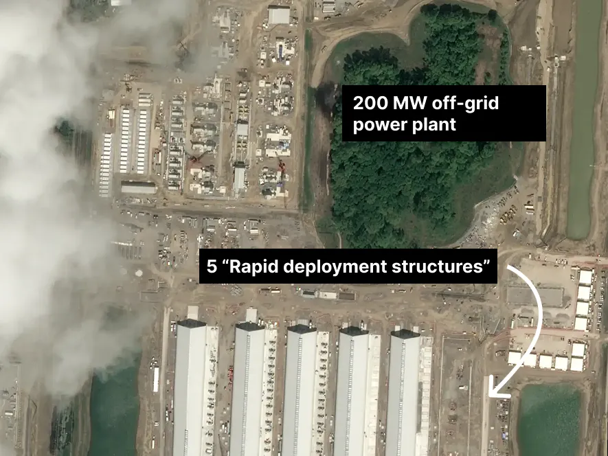 curious_founder's tweet photo. Meta is building dozens of massive tents at campuses across the US, sticking billions of dollars of chips inside, and powering them with off-grid turbines. 

The AI race has officially entered its Mad Max phase.

Over the last month, I reviewed hundreds of documents and satellite images for Cleanview's latest report on behind-the-meter data centers. Meta's data center strategy, which is very visible from space, was one of the weirder approaches I came across. 

Mark Zuckerberg recently ditched the data center designs that Meta had perfected over the last decade and told his team to stick tens of thousands of chips in tents outside their data center in New Albany, Ohio. Each of these chips costs about $60,000. Zuckerberg plans to stick billions of dollars worth of them in the tents.

The strategy has helped cut the time to build compute in half. The first five buildings at Meta’s New Albany, Ohio data center took between two and three years to build. Meta started building five ~125,000 square foot tents between April and June of 2026, according to city permits. Satellite images show the structures have all been built. 

To power those "rapid deployment structures", as they are officially named, Meta signed a 10-year deal with Williams to build a pair of 200 MW off-grid power plants. Those power plants began construction about a year ago and are nearly complete. 

Meta is using the same strategy to build a data center in Tennessee, bringing the total count of tent data centers to three. 

Strategies like this are part of the reason behind-the-meter data center capacity is growing so quickly. 

In Cleanview's report, I found that there's currently about 2 GW of BTM capacity online today. By the end of the year, it will likely be 3 GW—equivalent to three nuclear power plants. By the end of 2027, it could be as high as 13 GW—more than the power demand of NYC.

I've been talking to a lot of reporters about this research. When I told one reporter about these tents and other companies powering their data centers with jet engines, he said, "It's like a scene out of the movie Mad Max."