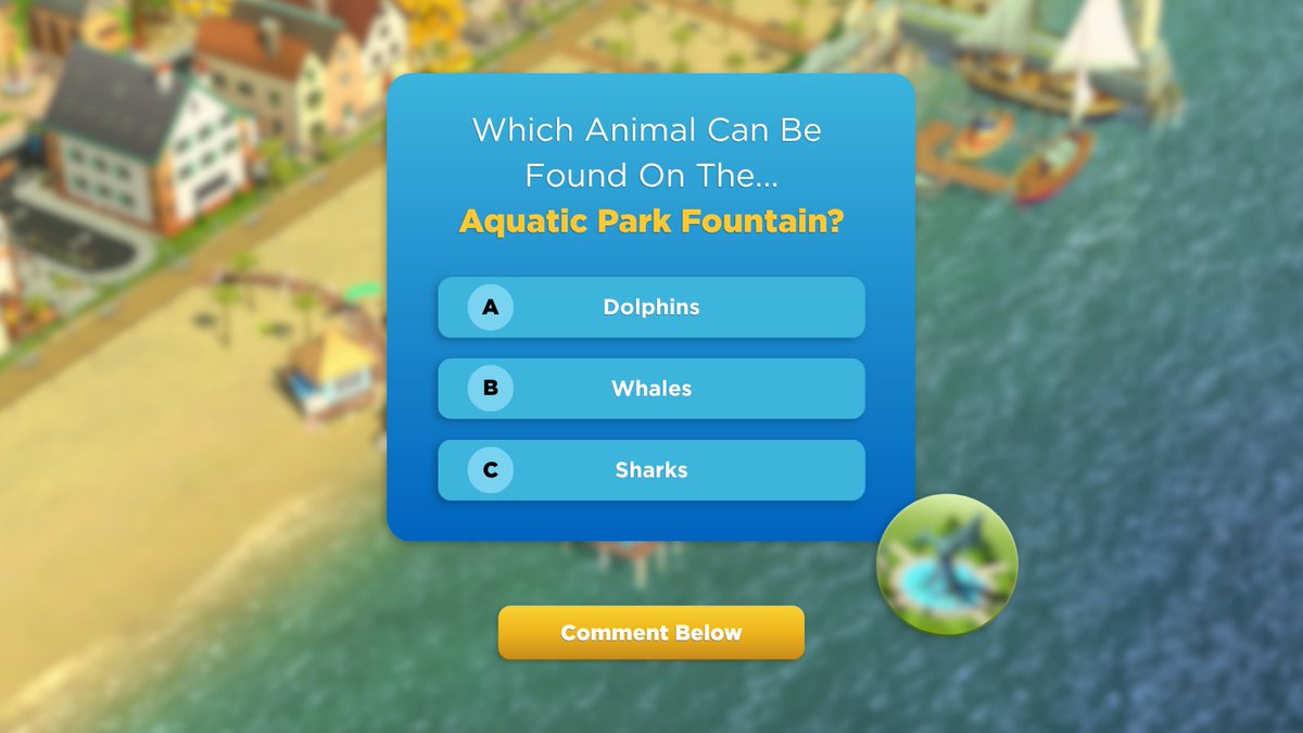 SimCityBuildIt's tweet photo. It's competition time, comment your answer below for a chance to win! 🎁 

Which animal can be found on the Aquatic Park Fountain?
A: Dolphins
B: Whales
C: Sharks

Good luck Mayors! You might need a snorkel for this one! 🥽 

#SimCityBuildIt #Competition #Giveaway

Competition runs 4th June 2026 - 11th June 2026.
Winners will be chosen at random and contacted 12th June 2026.
One entry per person.
No purchase necessary.
Winners will be contacted only by the SimCity BuildIt official accounts.
Valid Player ID required to receive prize, if Player ID is not provided within 7 days of contact prize will be forfeit.
