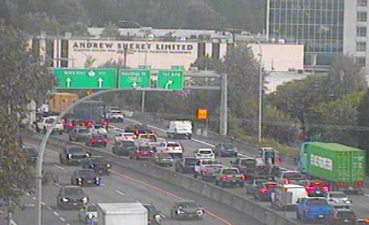 DriveBC's tweet photo. ⚠️#BCHwy1 westbound vehicle incident just west of 1st Ave blocking the left lane. Expect delays. #Vancouver #Burnaby https://t.co/B8XzUJaA8T