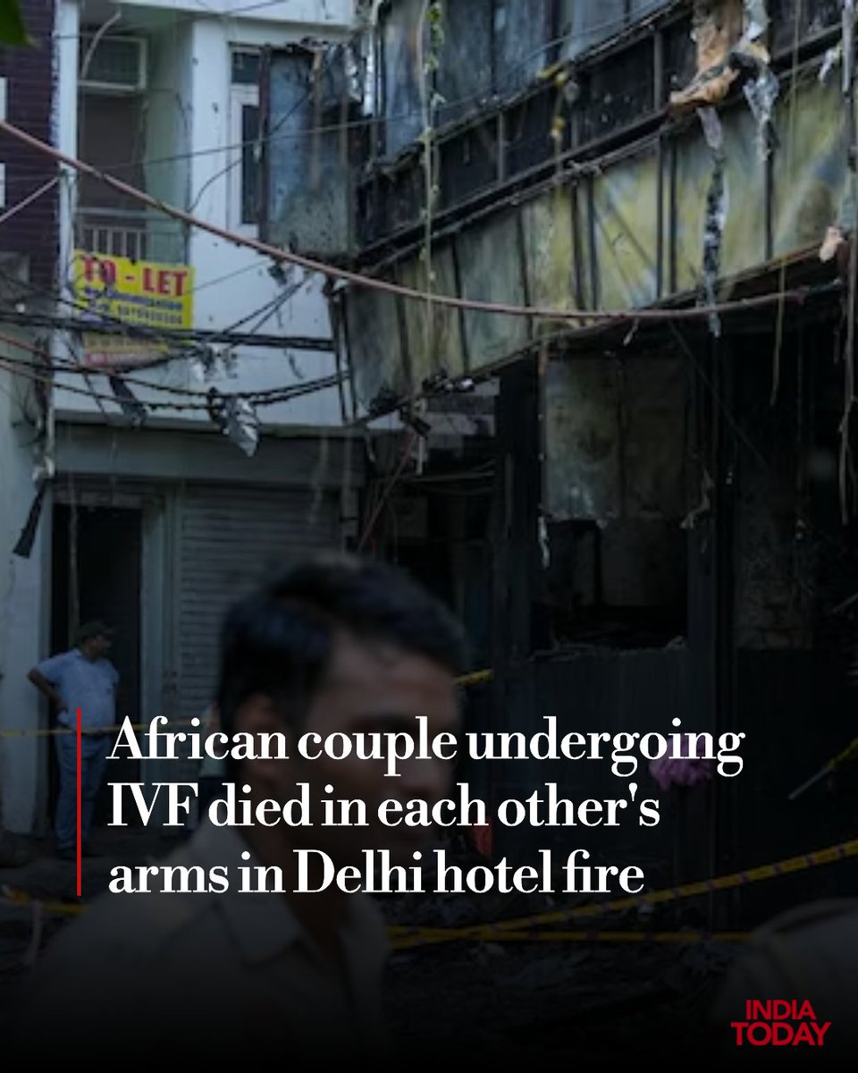 IndiaToday's tweet photo. A foreign couple undergoing IVF treatment in Delhi were found dead in each other’s arms after a massive fire broke out at Flourish Stay B&B in Malviya Nagar, claiming 21 lives.

The couple, among 12 foreign nationals who died in Wednesday’s blaze at the hotel in Hauz Rani, had been staying at the facility while receiving fertility treatment at a nearby hospital.

Read More: https://t.co/CJdNfBn0gZ

#DelhiHotelFire #MalviyaNagarFire