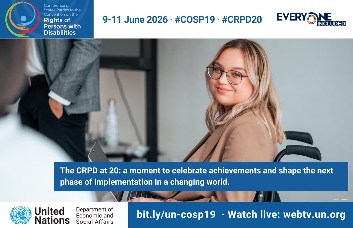 UN_Enable's tweet photo. 20 years after the CRPD, progress must show stronger implementation.
#COSP19 is a moment to reflect, accelerate action and shape the next phase of disability inclusion.

🌎 https://t.co/0q0mMjOo7G
📺 https://t.co/7Ti6NM6uPb
#CRPD20 #DohaDeclaration https://t.co/pX1HZamTlL