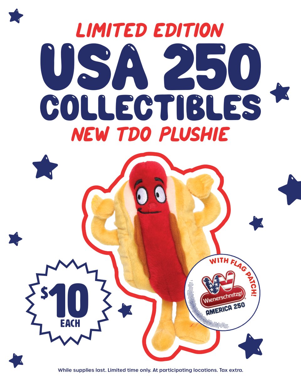 1HamburgerStand's tweet photo. The countdown is ON 🇺🇸 It’s 30 days ‘til America’s 250th. Get the party started with our exclusive America’s 250th plushie, available at a store near you. https://t.co/G7dsLWbU8l