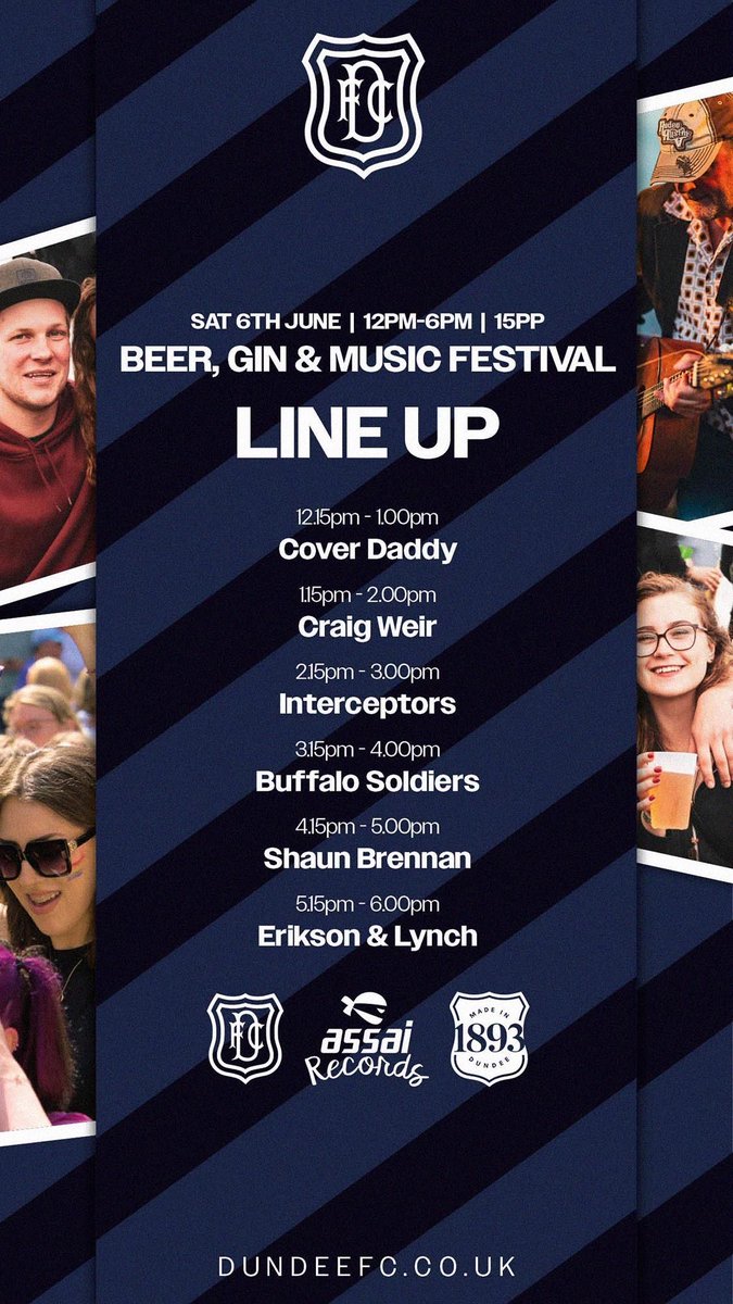 DundeeFC's tweet photo. Line Up Announced!
Beer, Gin and Music Festival - This Saturday 6th June.

Taking place under the cover of the Bobby Cox Stand as well as our Marquee!

Get your tickets 👇
https://t.co/rZ9BS4GzQ3 

Presented alongside @Assai_UK https://t.co/9dZVZy0GW3
