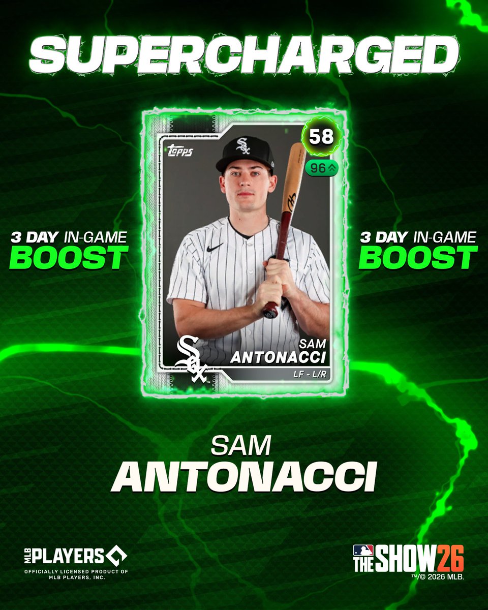 MLBTheShow's tweet photo. On base all SIX times. 4-for-4, a walk, and a HBP for Sam Antonacci! 
Sam gets 🔋#Supercharged🔋 in MLB The Show 26 for the next 3 days!
#MLBTheShowSC | #WhiteSox | @whitesox https://t.co/VheHnpkB4H