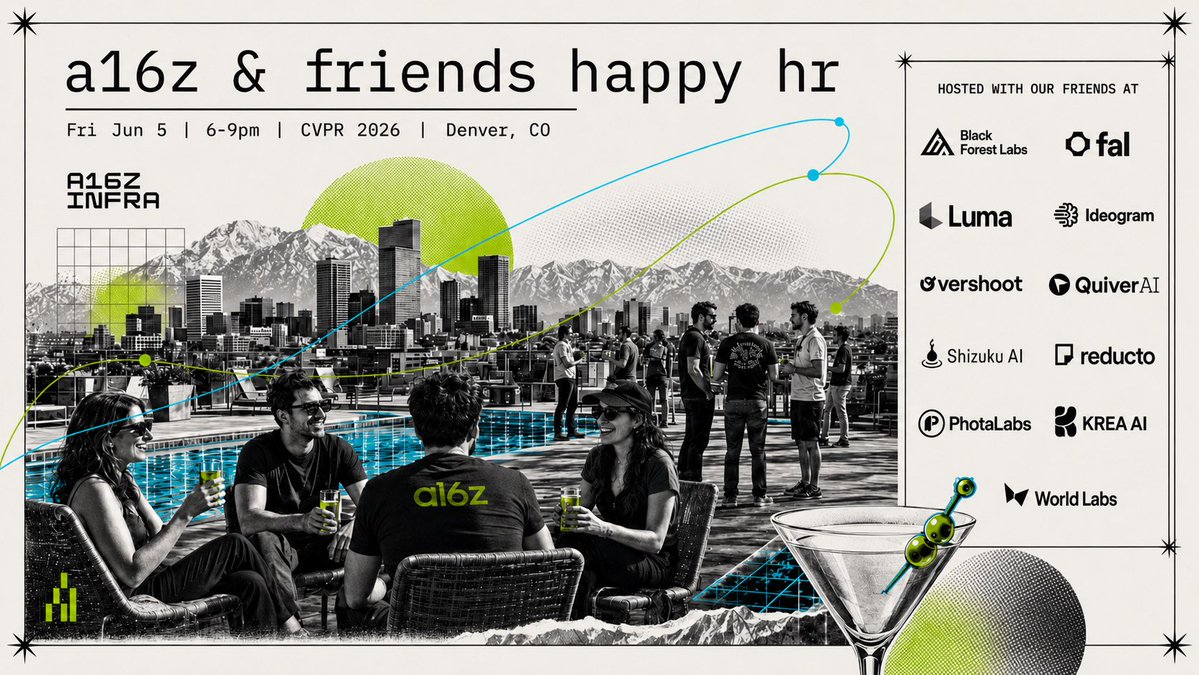 venturetwins's tweet photo. Happy hour at #CVPR2026 tomorrow 🍸

Come meet @a16z infra + a dozen of the best generative media &amp; computer vision teams in one place.

I can promise great food, drinks, and company!

RSVP👇 https://t.co/ELSiQ7ffM3