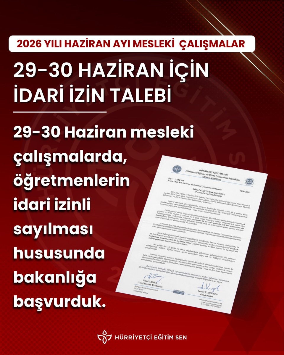 HurEgitimSen's tweet photo. 29-30 Haziran mesleki çalışmalarda, öğretmenlerin idari izinli sayılması hususunda bakanlığa başvurduk. 
@leventkuruoglu 
https://t.co/17KUQXONz0 https://t.co/zGUNLorTwA