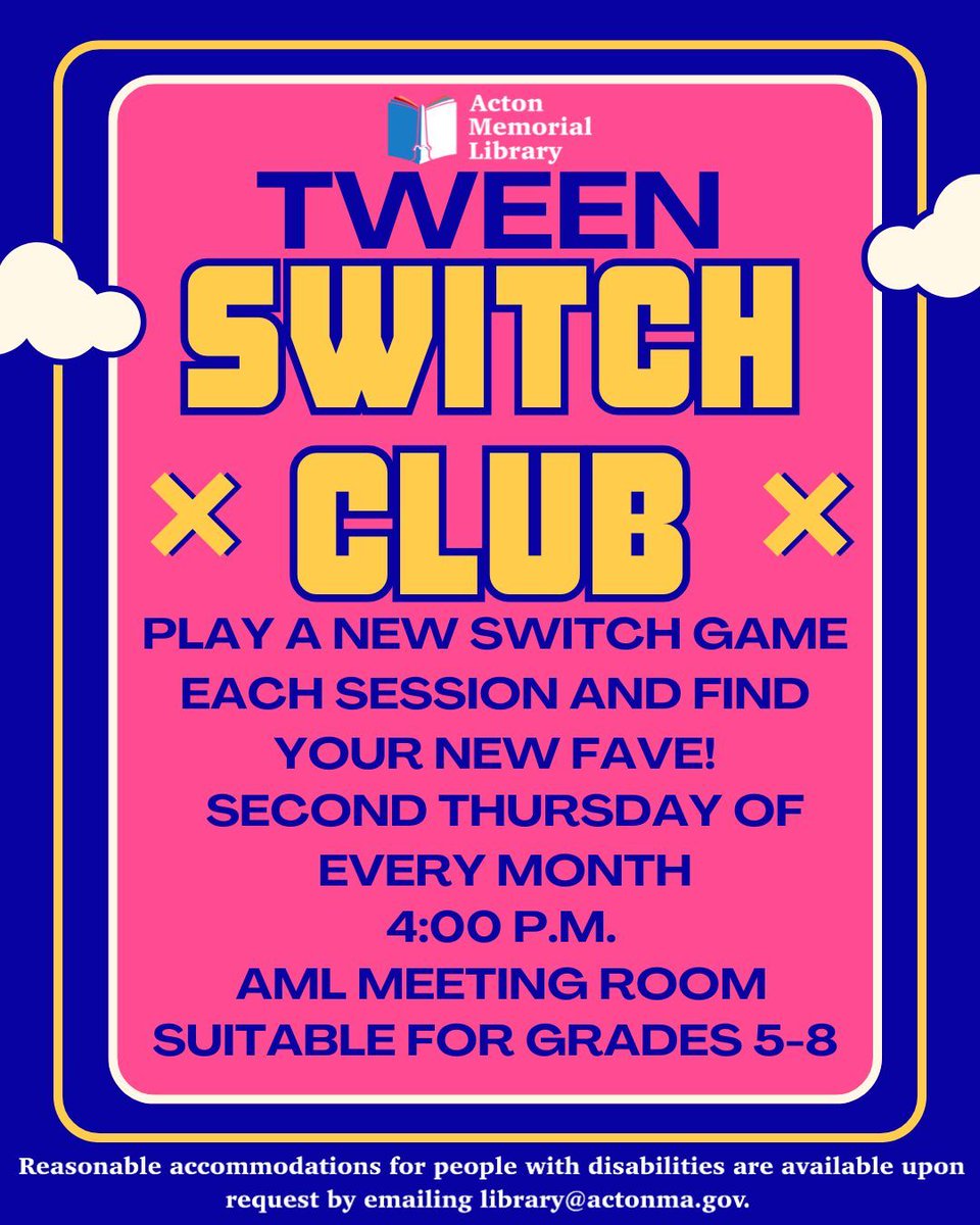 ActonMemLibrary's tweet photo. On June 11th, come to Nintendo Switch Club for tweens! Every month, we will play a new Switch game and talk about what we like and don't like. Console and game provided. This is suitable for tweens in grades 5 - 8. See bio for accessibility info.  #AML #ActonMA #LibraryEvents https://t.co/mIsooyxUVt