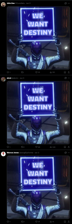 DemonDHarriz's tweet photo. I get that people are disappointed over Destiny, but, like... it's getting a bit weird. The Twitch and YT chats for the State of Play stream were full of Destiny spam. Then almost any official posts relating to either SGF or PS I'll scroll replies and see just walls of this: https://t.co/L0NVpcl7jv