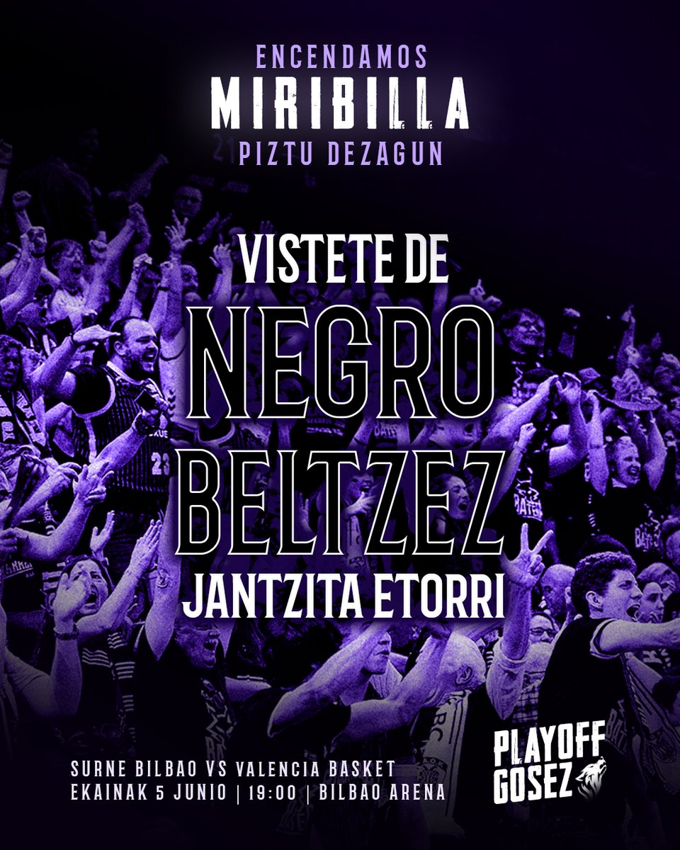 bilbaobasket's tweet photo. PIZTU DEZAGUN MIRIBILLAKO SUA!🔥 
Bihar kantxara bazatoz, etorri BELTZEZ⚫ jantzita! 
Biharko partida BA7ERA jokatzen dugu ETXEAN eta hori nabaritu egin behar da!
Has gaitezen partida hasi aurretik irabazten! GOAZEN BILBAO!🐺

¡PRENDAMOS EL FUEGO DE MIRIBILLA!🔥
Si mañana vienes a la cancha, ¡Vístete de NEGRO⚫!
¡El partido de mañana lo jugamos BA7ERA y ETXEAN y se tiene que notar!
¡Empecemos ganando el partido antes del pitido incial! GOAZEN BILBAO!🐺
