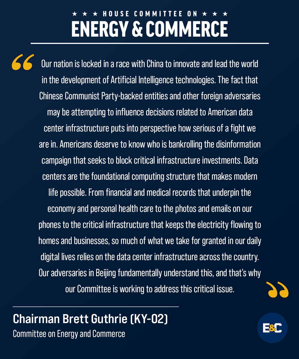 HouseCommerce's tweet photo. 🛑 MUST READ

Chairmen @RepGuthrie, @RepJohnJoyce, and @BobLatta wrote to @FBIDirectorKash, @DavidSacks47, and @MKratsios47 requesting an investigation regarding foreign adversaries’ efforts to block data centers from being built in America.

Read the letter and more ⬇️ https://t.co/vtUsNKQo0C
