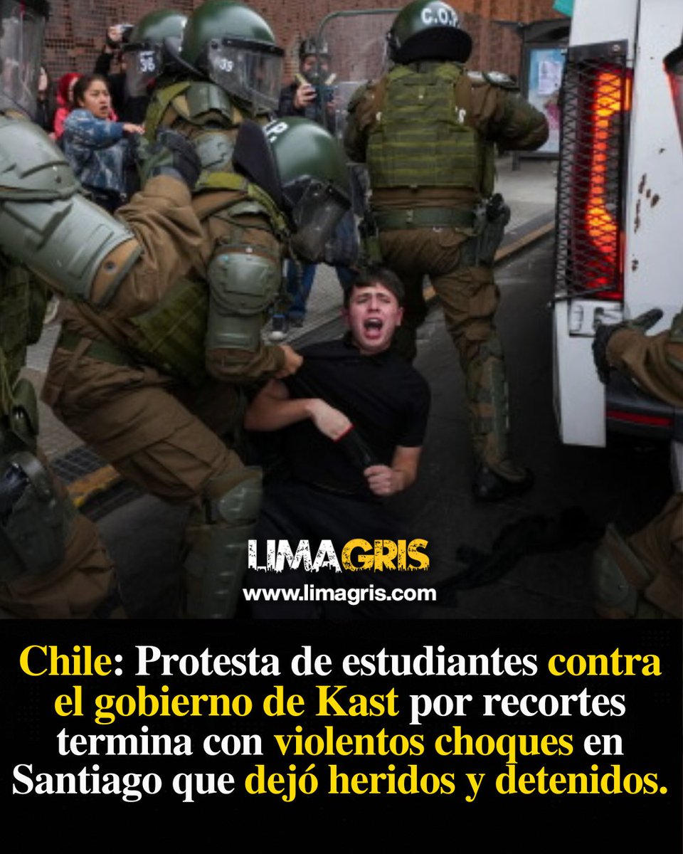 Limagris's tweet photo. Al grito de “¡la educación pública se defiende!”, miles de estudiantes, docentes y representantes de organizaciones sociales tomaron las calles para protestar contra los recortes al presupuesto educativo y las reformas impulsadas recientemente por la administración de Kast. La movilización, una de las más numerosas de los últimos meses, se enfrentó con la policía dejando numerosos heridos y detenidos.
@joseantoniokast @GobiernodeChile
