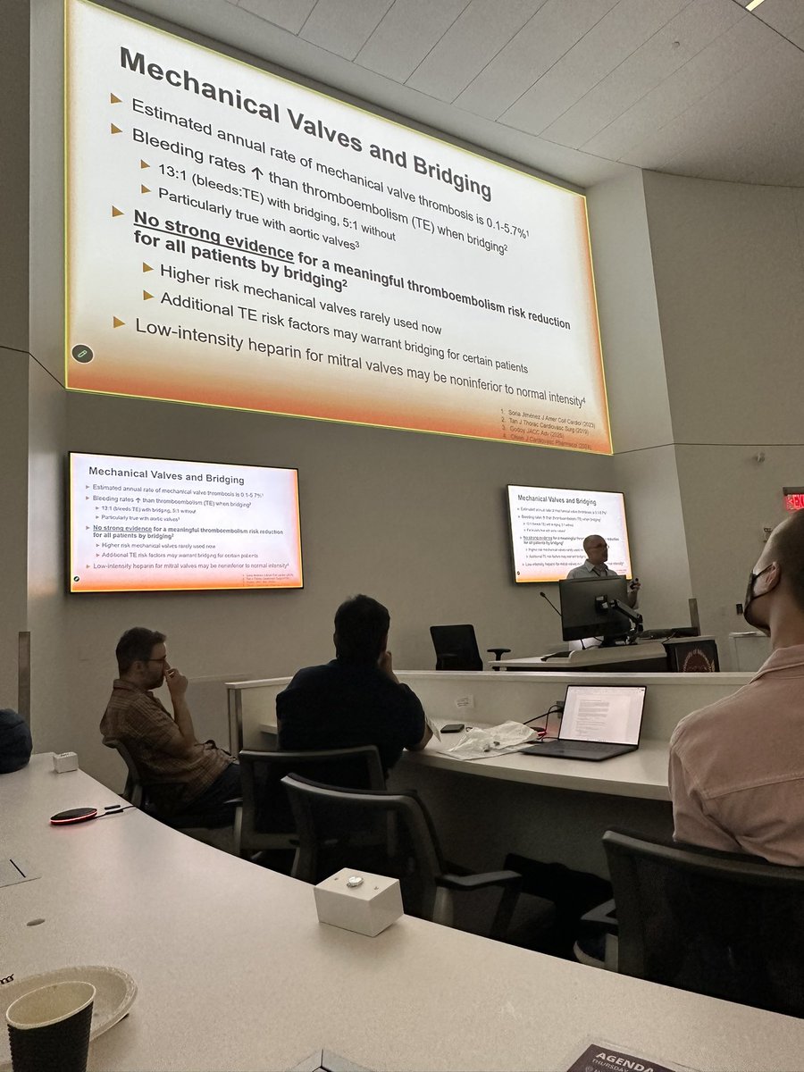UMN_CCCEdSummit's tweet photo. 5) VA ECMO = highest thrombocytopenia risk
6) mechanical valves and bridging: reasonable if valve is both moderate to high bleeding and thromboembolism risk https://t.co/MNTjaIV00V