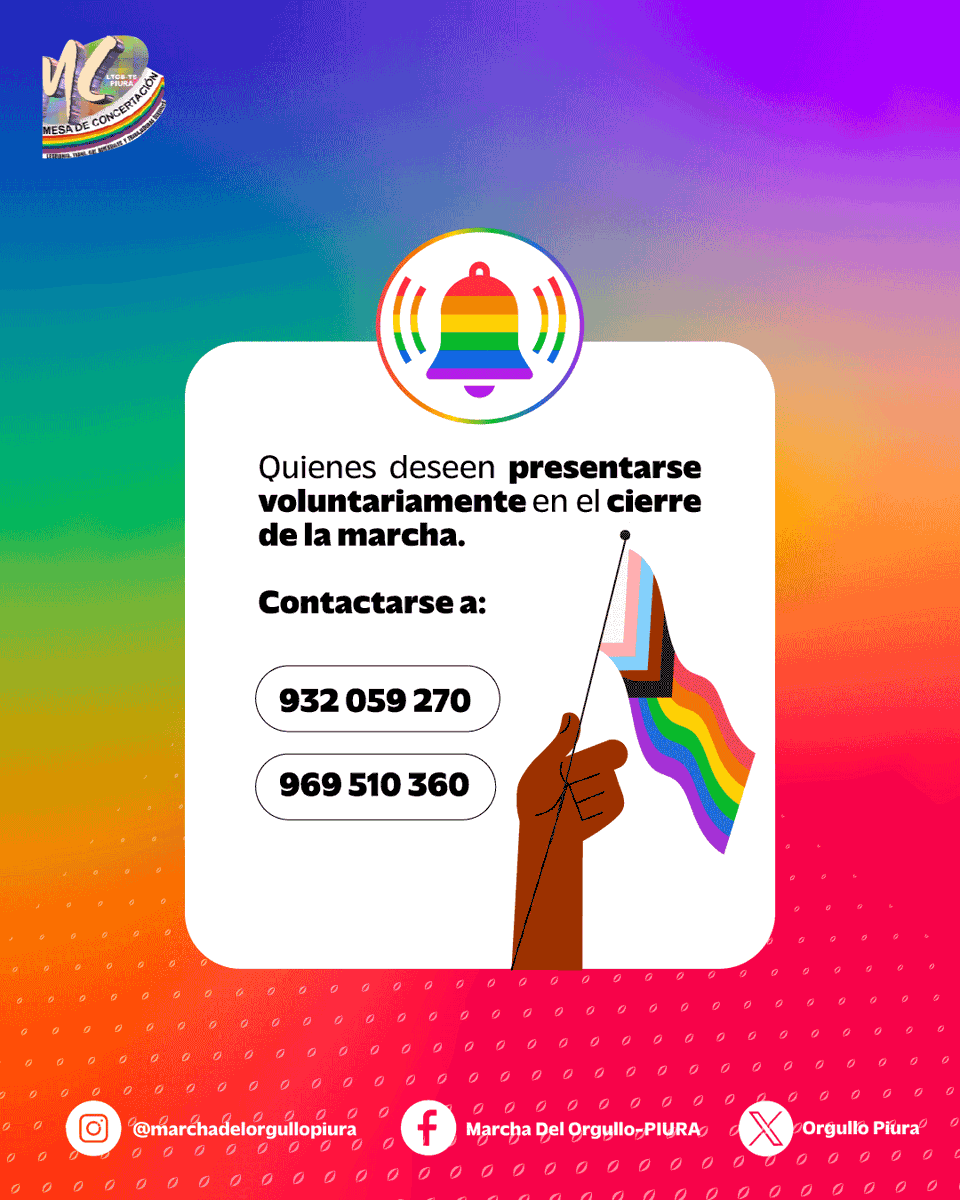OrgulloPiura's tweet photo. 📣 ¡Atención artistas y talentos de Piura! 🌈

Buscamos 🎤 Cantantes 👠 Drag queens 💃 Bailarines/as 🎧 DJs 🎨 Performers y más para el cierre artístico de la marcha.

📲 Escribe al 932 059 270 y 969 510 360.
Cada participante deberá contar con sus propios instrumentos y equipos. https://t.co/ce3m7CF0g0