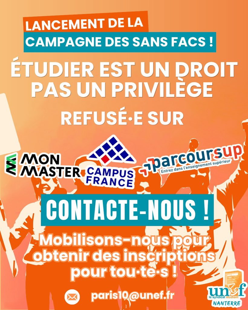 unefnanterre's tweet photo. REFUSÉ.E À L'UNIVERSITÉ ? CONTACTE-NOUS, MOBILISONS-NOUS POUR OBTENIR DES INSCRIPTIONS !💥

Refusé.e ou en attente sur Parcoursup, MonMaster, Ecandidat ou CampusFrance ? C'est possible de le contester et faire valoir le droit étudier ! 👊🏽

✉️Contacte-nous en MP pour plus d’informations ! 

Étudier est un droit, pas un privilège ! Inscriptions pour toutes et tous 🔥