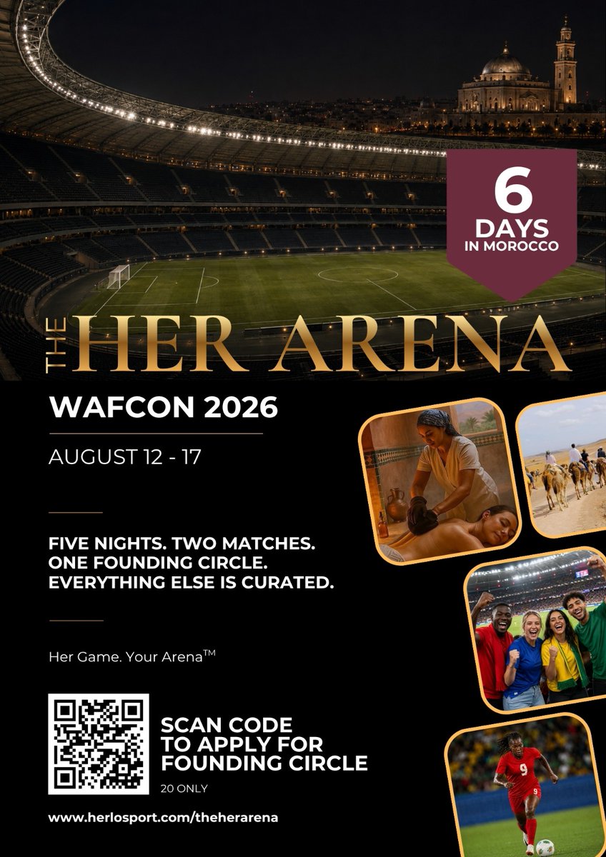 herlosport's tweet photo. Most people will watch WAFCON from afar. 20 people will experience it differently.

Introducing The Her Arena - a premium football and cultural experience taking place during the Women's Africa Cup of Nations in Morocco.

⚽ Semifinal & Final Match Access
🇲🇦 Curated Cultural Experiences
🤝 Community & Networking
✨ Founding Circle Membership

Learn more through the link in our bio.

#wafcon2026 #HERWAFCON2026 #WorldCup #football