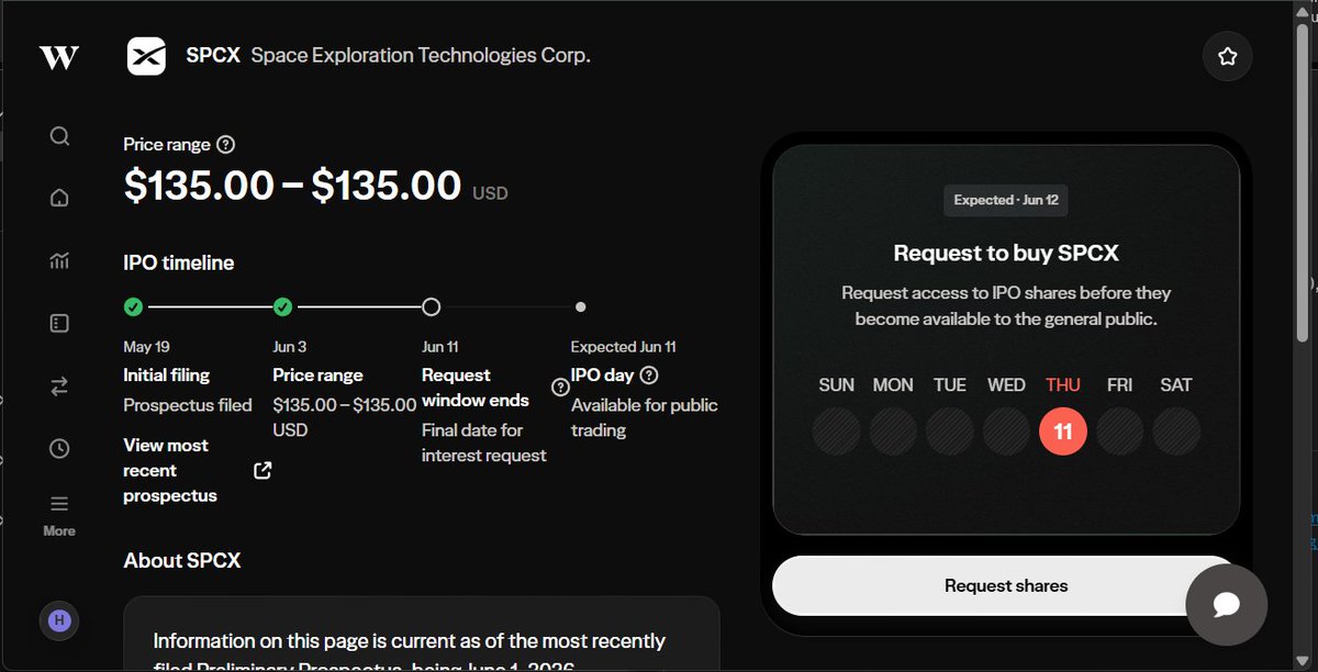 HenryCHCheng's tweet photo. @Wealthsimple  has made $SPCX IPO available in Canada. @SawyerMerritt @DriveTeslaca https://t.co/A3UXFPR3uG