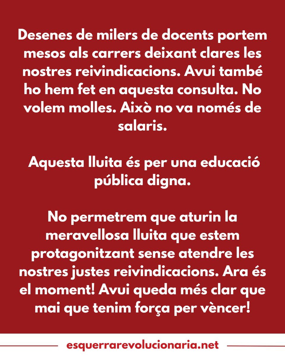 SindicEstudiCat's tweet photo. Els resultats de la consulta ho deixen clar: lluitem per una educació pública de qualitat i tenim força per aconseguir-la! 

Com al País Valencià, vaga indefinida fins a vèncer! Enfortim les assemblees i el sindicalisme combatiu.

Demà tothom a la vaga i a la mani de Barcelona!🔥 https://t.co/Yt70iKcUA3