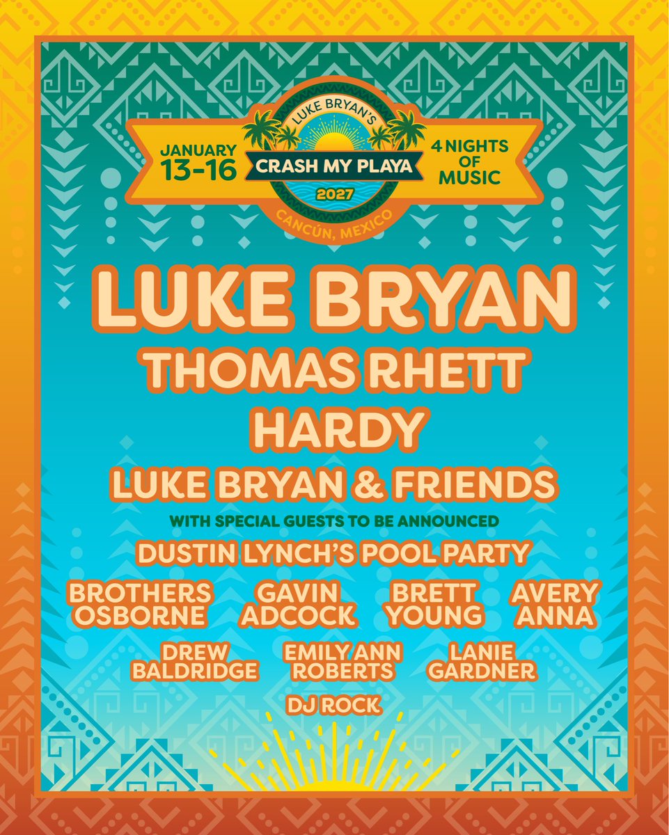 crashmyplaya's tweet photo. Can't wait to head back to paradise January 13-16, 2027 with @lukebryan, @ThomasRhett , @HardyMusic , and a whole bunch of friends for Year 12 of Crash My Playa.

Four days of great music, good times, and the best fans in country music. That's what it's all about.

Packages go on sale to public June 11 at 1pm EDT. Alumni and Nut House, y’all get early access.