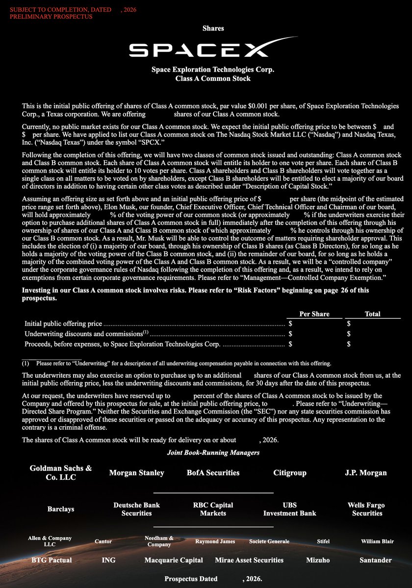 ArendJanKamp's tweet photo. Kijk, zo werkt dat bij IPO's
Uit de #SpaceX SEC filing, onderaan de namen van de begeleidende banken
Die strijken samen rond $500mln op en de pikorde is van linksboven naar rechtsonder
Zo ziet u wie behalve #GoldmanSachs wss ook  bullishe SpaceX 'analyses' maken 
#ING mss? 😎 https://t.co/P80UYHesKk