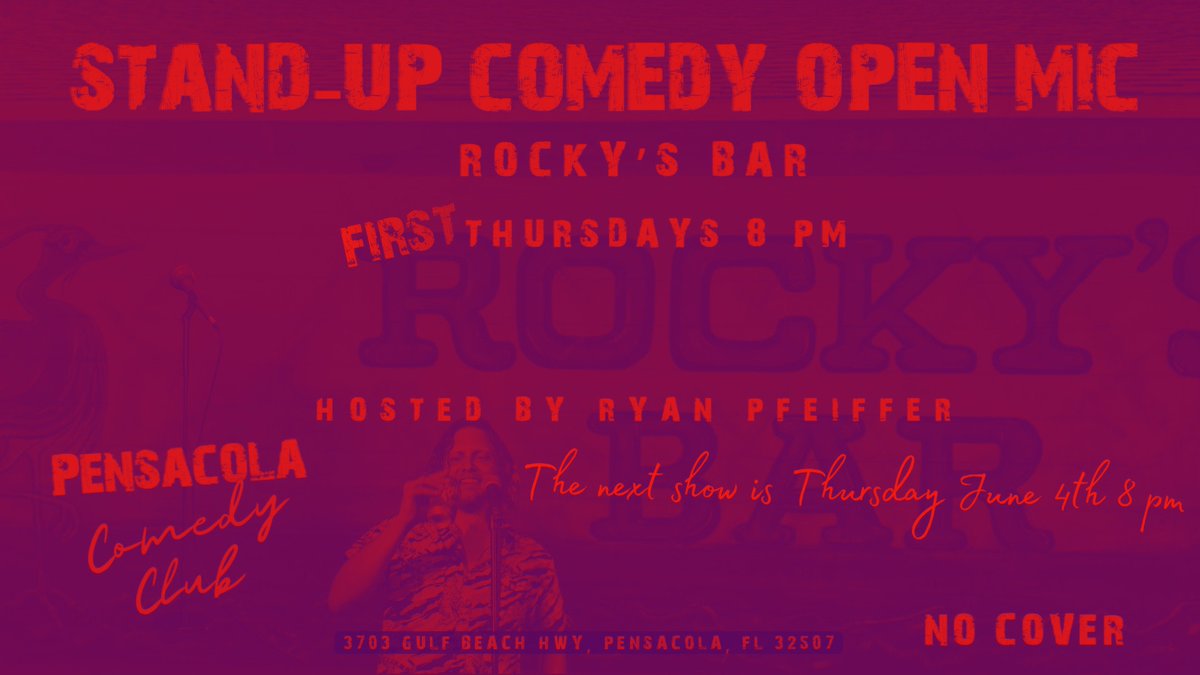 ratedrcomedy's tweet photo. 🎤 THURSDAY NIGHT COMEDY AT ROCKY'S! 🎤

Stand-up comedy open mic returns to Rocky's in Pensacola 6/4 at 8 PM!

No cover. Full bar. 

🎟️ https://t.co/PFvkCML73Z

#PensacolaComedy #OpenMic #StandUpComedy #PensacolaEvents #CrowdWork #NoCover #LiveComedy https://t.co/ODLJ0hGf1b