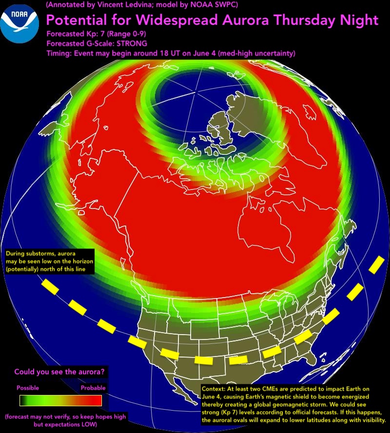 Vincent_Ledvina's tweet photo. AURORA ALERT: a strong solar storm could bring the northern lights to much of the U.S. tonight (Thursday, June 4). NOAA has issued a G3 ("strong") geomagnetic storm watch for June 4 into June 5. If it pans out, the aurora may be visible across the northern states and into the central U.S., with a small chance even farther south during brief bursts called substorms.

What's happening: an active sunspot region called AR 4455 fired off several CMEs (giant clouds of solar plasma) on June 3, including ones tied to an M9.5, M7.8, and an X1 flare. At least three are aimed our way and may arrive together. NOAA expects the first impact around midday Thursday (18 UT or about 2 PM Eastern, 1 PM Central, 11 AM Pacific), while NASA's model leans to the evening and another (HUXt) pushes it into the early hours of June 5. It's a wide window, so watch tonight into early Friday.

How strong: NOAA's official forecast is G3 (Kp 7), but a lot depends on whether we take a direct hit or a glancing blow, so it could land higher or lower. Don't put too much stock in pinpoint Kp numbers or app forecasts days out. Space weather is hard to predict and the storm will evolve on its own. Treat them as a sign activity may be enhanced, not a guarantee.

How to catch it: get away from city lights, find a clear view to the north, and look during the darkest part of the night. Watch for substorms when the sky can go from dark to full of color in just a few minutes. Two things working against us: clouds (even thin, high clouds can mute the show) and a bright ~80%-lit moon that rises around local midnight. Your best window is the dark gap after dusk and before the moon comes up.

The map shows roughly how far south the aurora might reach tonight. Forecasts like this don't always come true, so keep your hopes up but your expectations realistic.

A few free resources to help you chase:

Sign up for my aurora alerts + guides: https://t.co/TmXQ9bcWkT

Live aurora webcams (100+): https://t.co/6p6lf2217i

What is a substorm? https://t.co/4zGp9vcHYG

What resources you may look at but are actually NOT helpful for chasing in real-time: https://t.co/dXajNLSH25

How to read the HUXt model: https://t.co/gWx1zGXjeB 

Support these free alerts on Patreon: https://t.co/8f4dgCQHIs