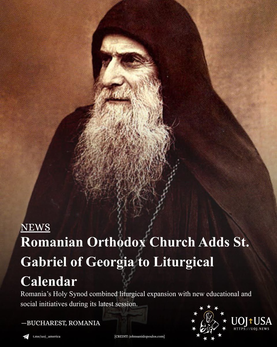 UOJ_America's tweet photo. BUCHAREST, ROMANIA — The Holy Synod of the Romanian Orthodox Church approved a wide range of liturgical, educational, and administrative measures during its working session on June 3, chaired by His Beatitude Patr. Daniel at the Patriarchal Palace.

Among the most notable decisions was the addition of new commemorations to the Church calendar. The Synod approved the inclusion of the Council of the Holy Military Martyrs, to be celebrated on Oct. 26, and the Fool-for-Christ St. Gabriel Urgebadze of Georgia, whose feast will be observed Nov. 2. Liturgical texts associated with both commemorations were also approved. The bishops further authorized services, akathists, and other texts honoring Athonite saints, the Mother of God’s icon from Craiova, and several Romanian women saints.