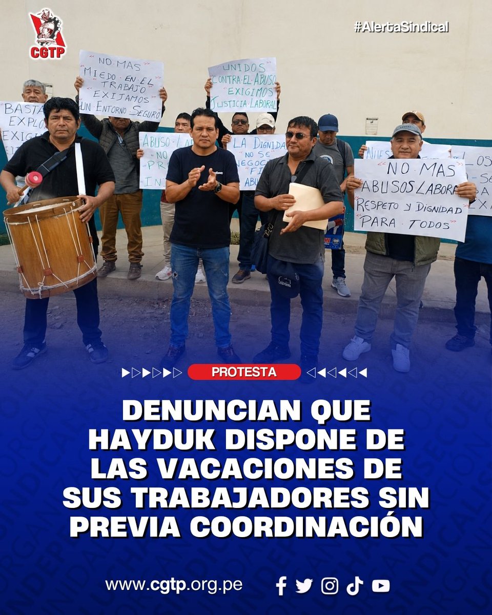 JovenCgtp's tweet photo. 📷 Trabajadores de la planta de harina de Hayduk en Coishco protestan contra el envío unilateral de vacaciones adelantadas,una medida aplicada sin consulta ni acuerdo previo con los trabajadores afectados
#AlertaSindical #DerechosLaborales #SectorPesquero #CGTP #LibertadSindical https://t.co/pMW0uh0wqI