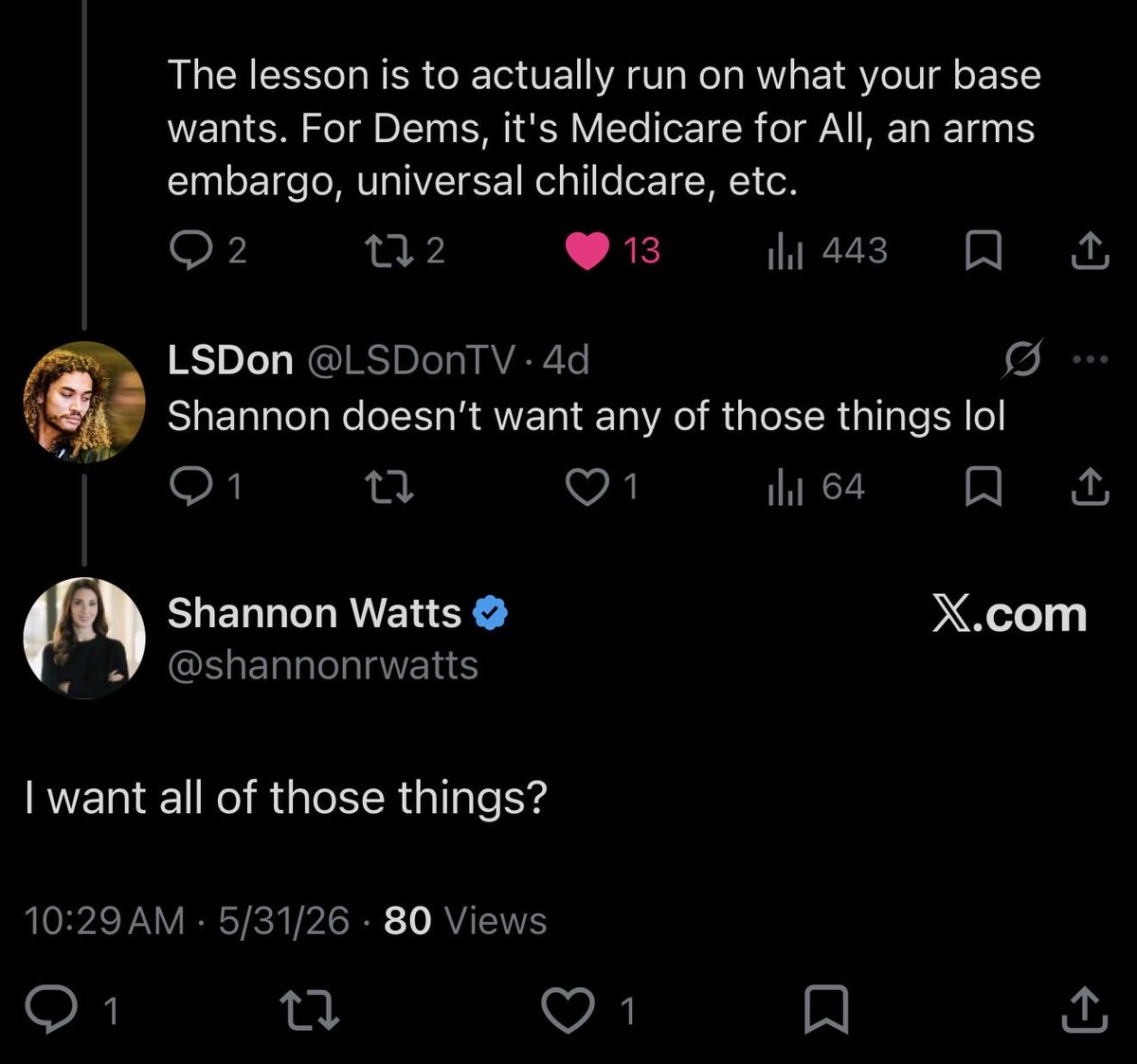 LSDonTV's tweet photo. @HasanabiProd @shannonrwatts This lady told me earlier this week that she supports an arms embargo on Israel, Medicare for all, and universal healthcare.

Yet instead of actually advocating for any of those, she uses all of her time shitting on candidates and elected officials who really do support all that https://t.co/lqz9PBbTzE
