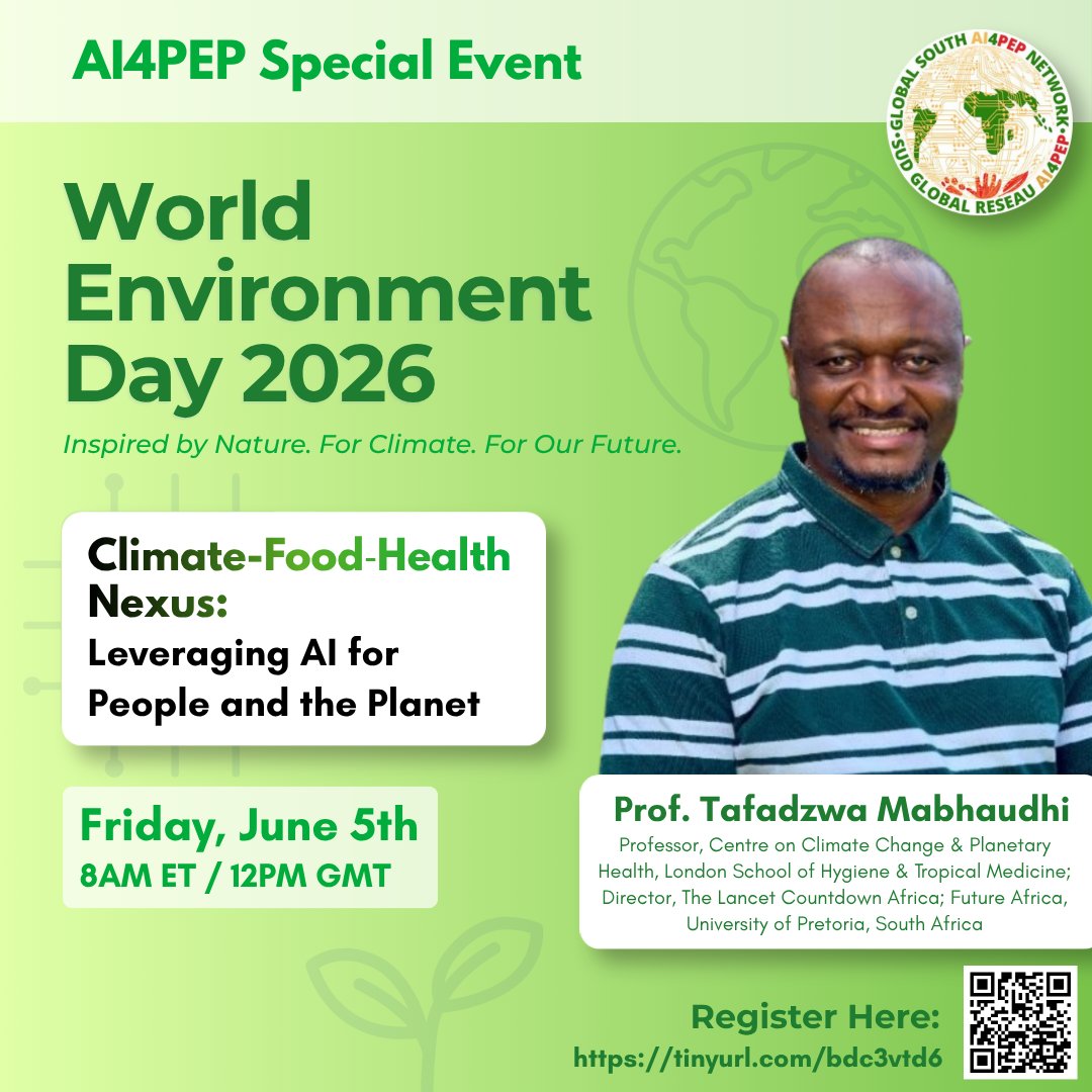Ai4Pep's tweet photo. 🔴Plus qu’un jour!
Rejoignez AI4PEP demain pour sa conférence de la Journée mondiale de l’environnement 2026: Nexus climat-alimentation-santé : l’IA au service des populations et de la planète
🗓 5 juin | 8 h EST
🔗 https://t.co/czGka6krMB
@IDRC_CRDI @FCDOGovUK @UKZN @UPTuks https://t.co/JzHcIwntam