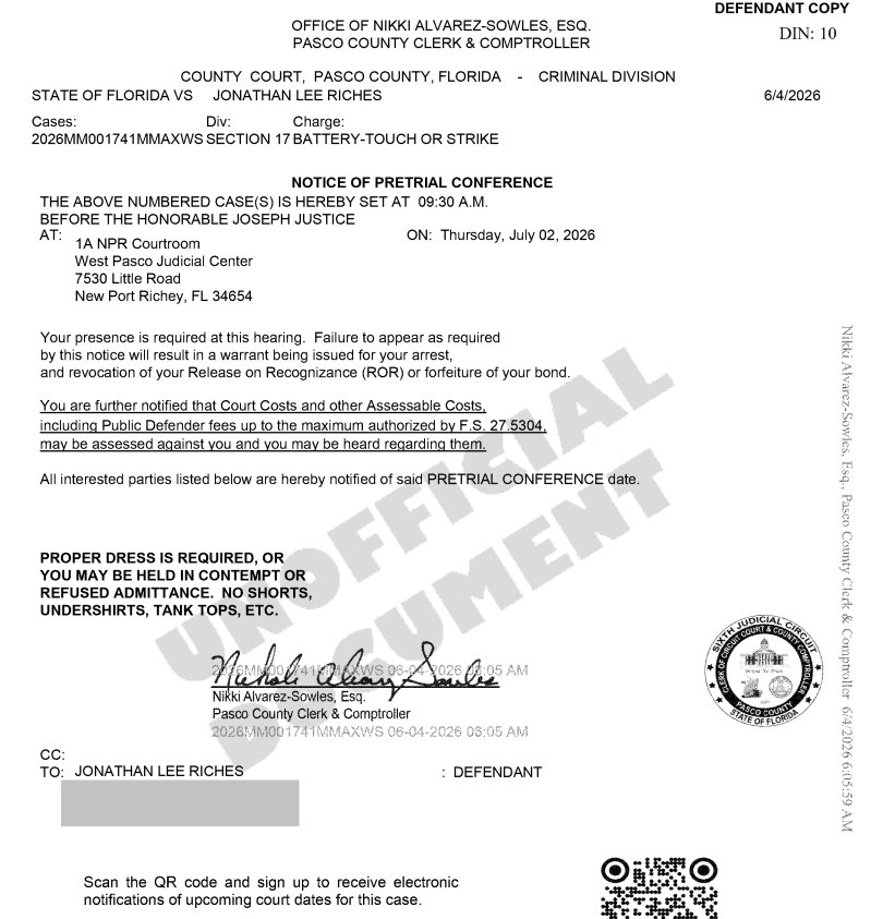 Nerdy_Addict's tweet photo. Jonathan Lee Riches’ Pasco County battery case is now scheduled for a pretrial conference on July 2, 2026, at 9:30 a.m. in West Pasco Judicial Center. 

Court records indicate the defendant’s presence is required, with failure to appear potentially resulting in a warrant and bond consequences.