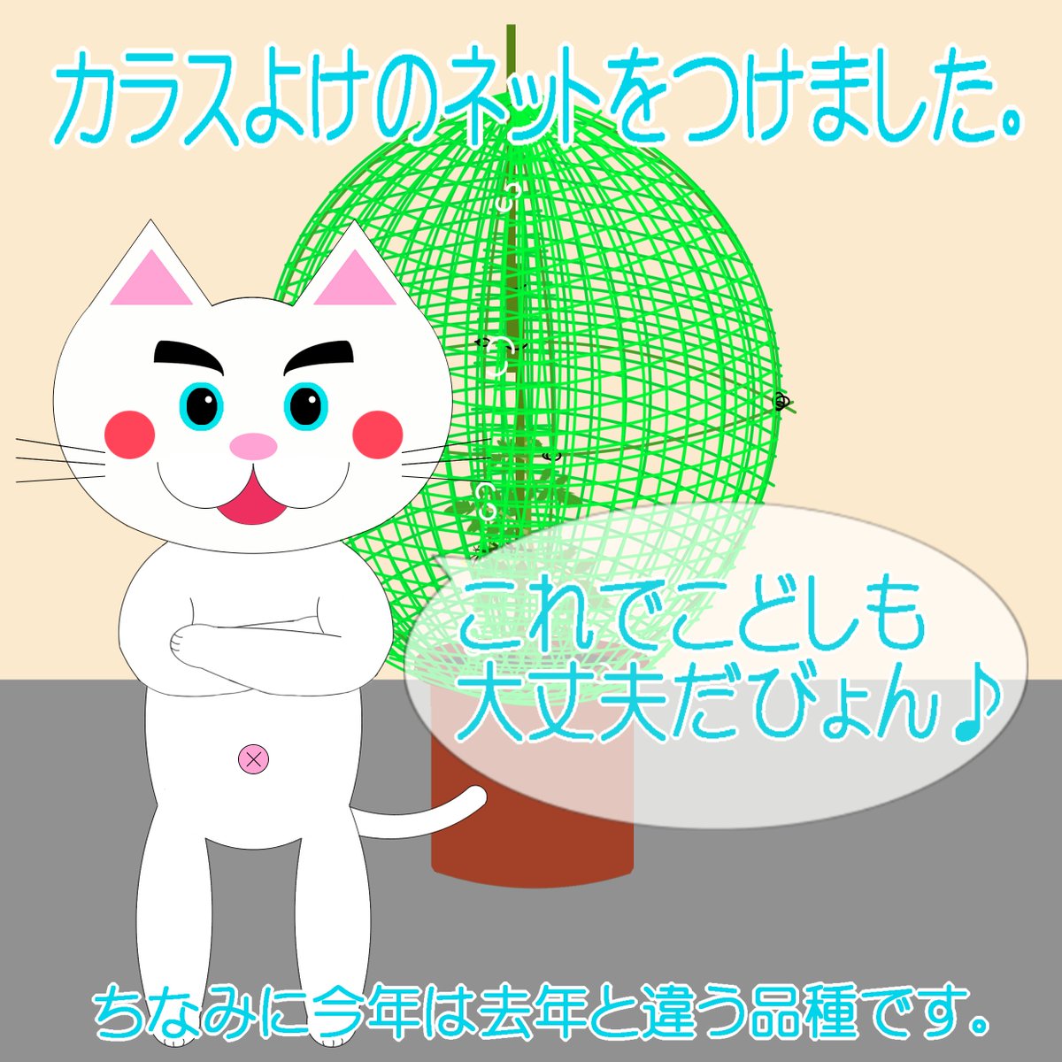 kousuke25's tweet photo. 津軽弁担当https://t.co/QMVUmQIeEL「なまねご」のワンポイント方言を更新しました。
今週は「これでこどしも大丈夫だびょん♪」です。
⇒答えはhttps://t.co/tbkCA90eGvで公開中です!

イラスト：今年もカラス対策をしたレオ君

#津軽弁 #青森県 #ねこ #猫 #ネコ #イラスト #ミニトマト #カラス対策 https://t.co/nILlBss4uy