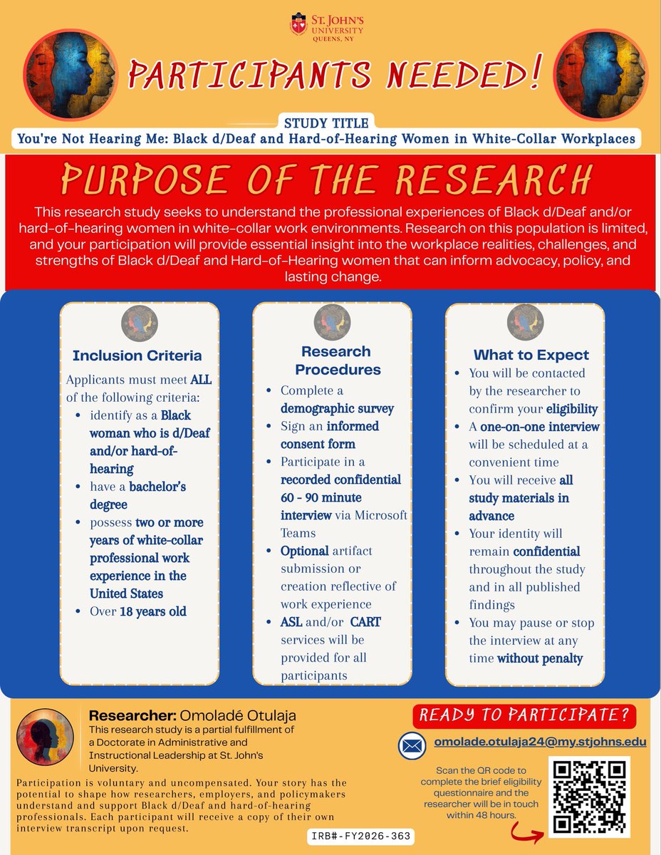 Nefertitee080's tweet photo. Research participants needed for a Black HoH/deaf Queer Femme getting her PhD &amp; studying the experiences of Deaf Black women in corporate spaces! 
Reach out to: omolade.otulaja24@my.stjohns.edu https://t.co/mSpX5CcSon