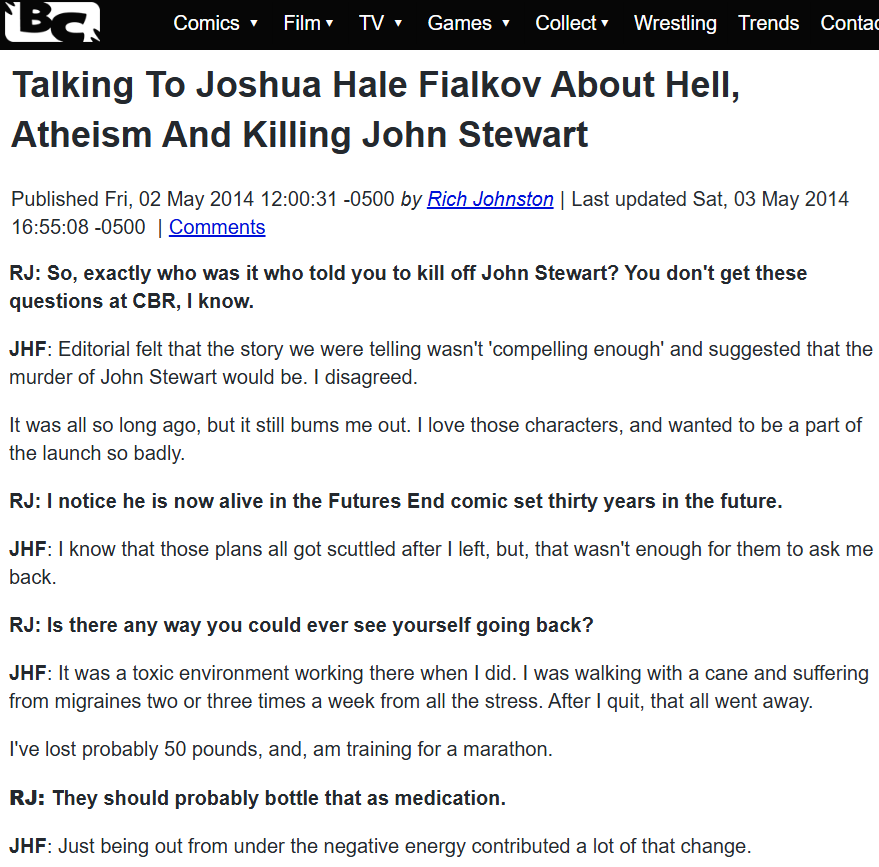 DC_moments's tweet photo. In Feb 2013, Joshua Fialkov was announced as the new writer for the GL Corps and Red Lanterns comics. He quit both a month later due to editorial interference, such as them wanting him to kill off John Stewart.

Immediately after news broke (to much backlash), they gave up on it. https://t.co/NkP6uex1n4