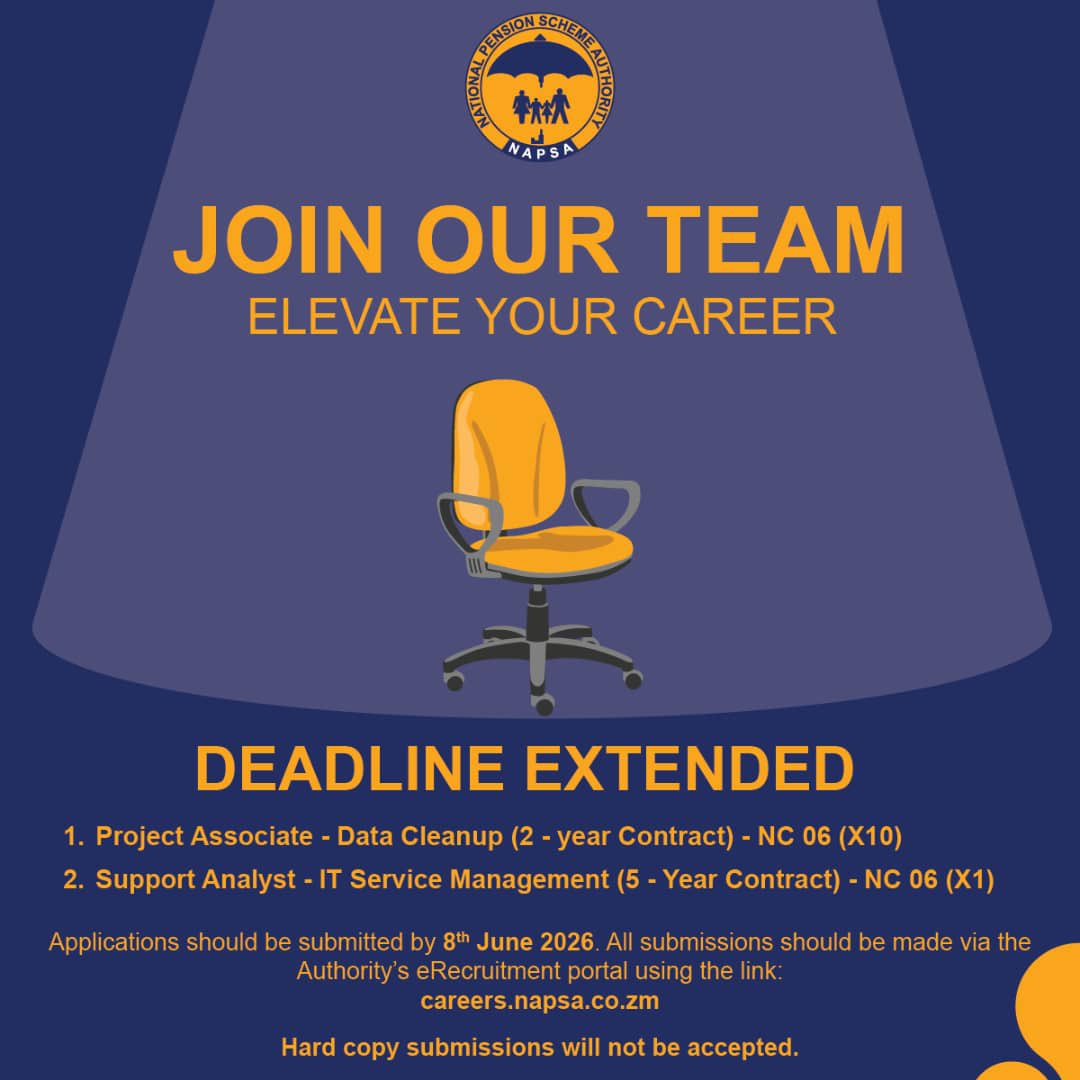 yournapsa's tweet photo. APPLICATION DEADLINE EXTENSION

Please note that the application deadline has been extended to 8th June 2026.

Applications  Portal is 👉🏾  https://t.co/dQpUvc5my5.

Should you require assistance or encounter any difficulties, please contact us at info@napsa.co.zm. https://t.co/HPe7QK96OD
