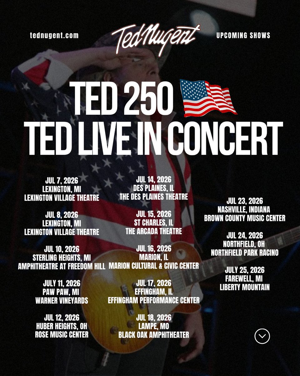 TedNugent's tweet photo. Celebrate America's 250th with the ultimate American Ted Nugent American soundtrack! 🇺🇸 Meet &amp; Hang with Ted!!

See Ted Nugent live!!
Limited concert schedule
Limited VIP spots
Get your tickets now!
👉 https://t.co/d51ui3CntL https://t.co/z1emxVn38Q
