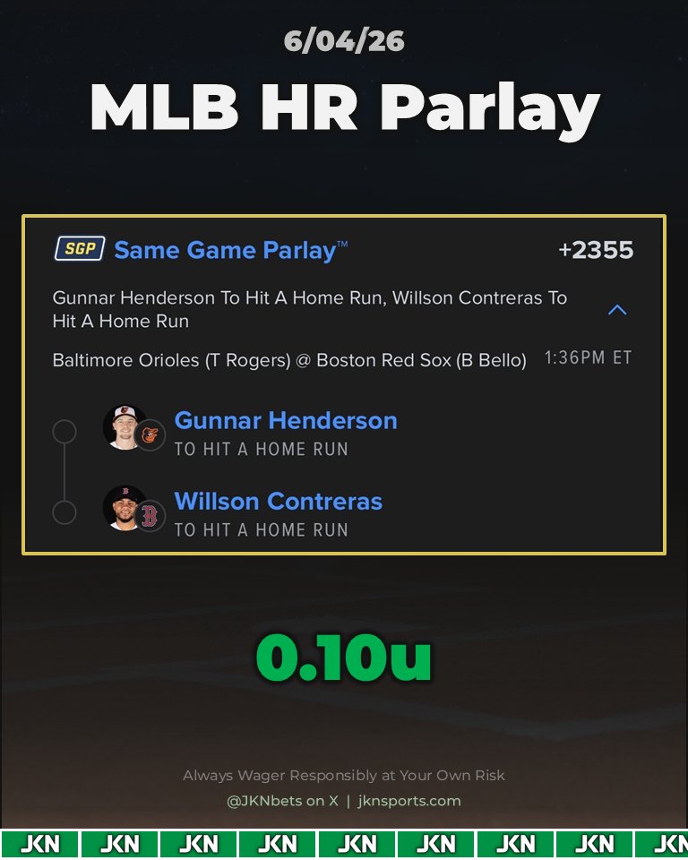 JKNbets's tweet photo. MLB Parlays (6/04/26) ⚾️ 🚀

Player Hits &amp; HR Props 💎

Placed on DraftKings &amp; FanDuel 🛒
Using DKs SGPx Boost ⚡️

#MLB #SportsBettingX https://t.co/RY1kM9SuxZ