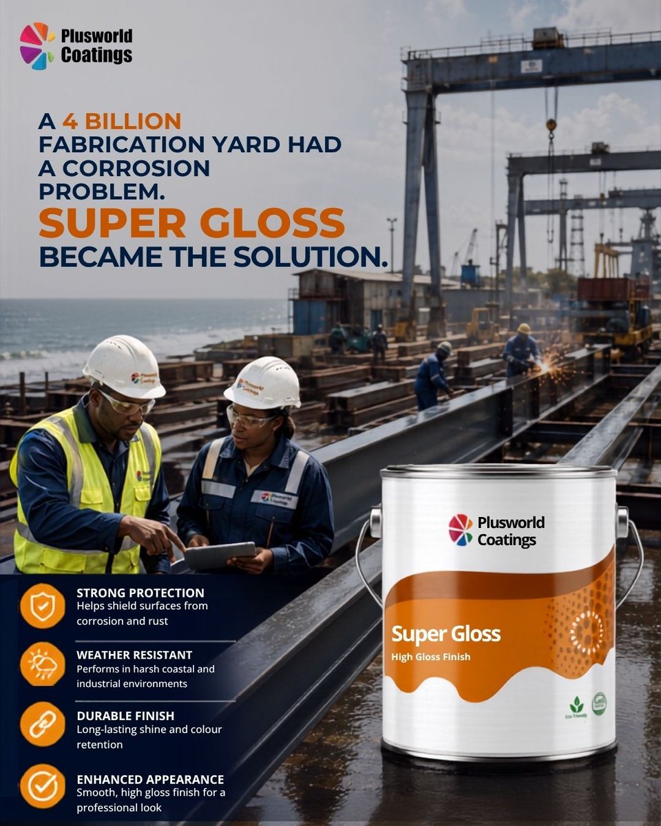 PlusworldCoatin's tweet photo. ₦4 Billion Fabrication Yard. 
One Costly Problem: Corrosion.

Millions were being lost to rust, repainting &amp; maintenance

The solution? 
The right coating system.

Plusworld Coatings : Super Gloss
 Corrosion protection
Coastal weather resistance
Long-lasting gloss finish

1/2 https://t.co/qGJSbFOJI8