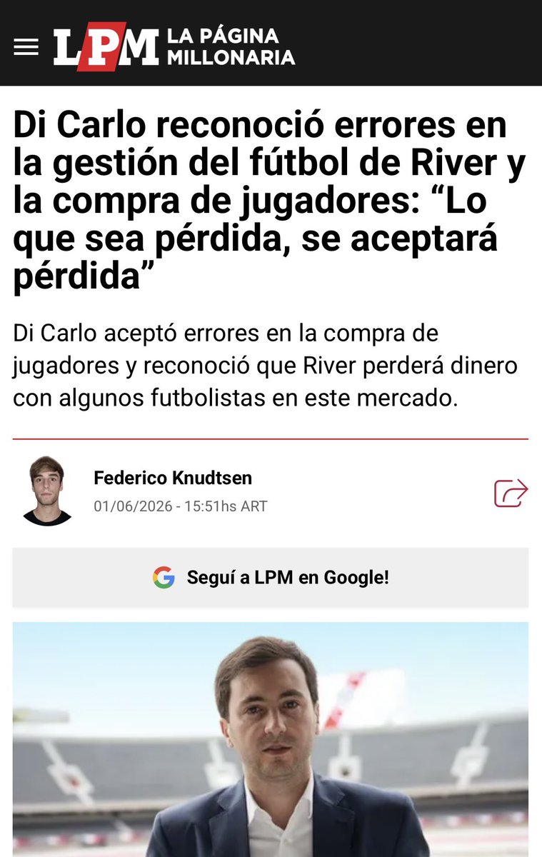 monicaernitz's tweet photo. En primer lugar saludamos que se reconozcan los errores, vale la autocrtica.
De cualquiera manera sería bueno saber con qué criterio se va llevar a cabo esta “depuración” del plantel, ya que los principales responsables de su actual composición siguen estando al frente del manejo del fútbol en el Club. Ya se han dilapidado millones de dólares  y querríamos  saber el costo de esta reestructuración y los criterios con que  se han de adquirir los refuerzos. Esperemos que no se repitan algunos caprichos satisfechos a expensas de las arcas del Club. Por lo pronto no parece ser un buen inicio haber burocratizado e hinflacionado de descidores el manejo del fútbol. Esperemos que esta vez podamos contar con un plantel a la altura de lo que es @RiverPlate , el
más grandel del fútbol argentino y uno de los más grandes del mundo. ¡Vamos River! 🤍❤️🤍