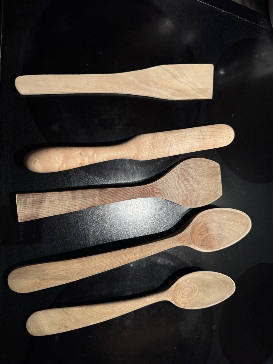 QuriousDeb's tweet photo. The middle one (upside down using the handle) is what I used to use as my spurtle/starter stirrer for my sour dough. Your new maple spurtle is there and happily shining. https://t.co/T1g5DhpXqj