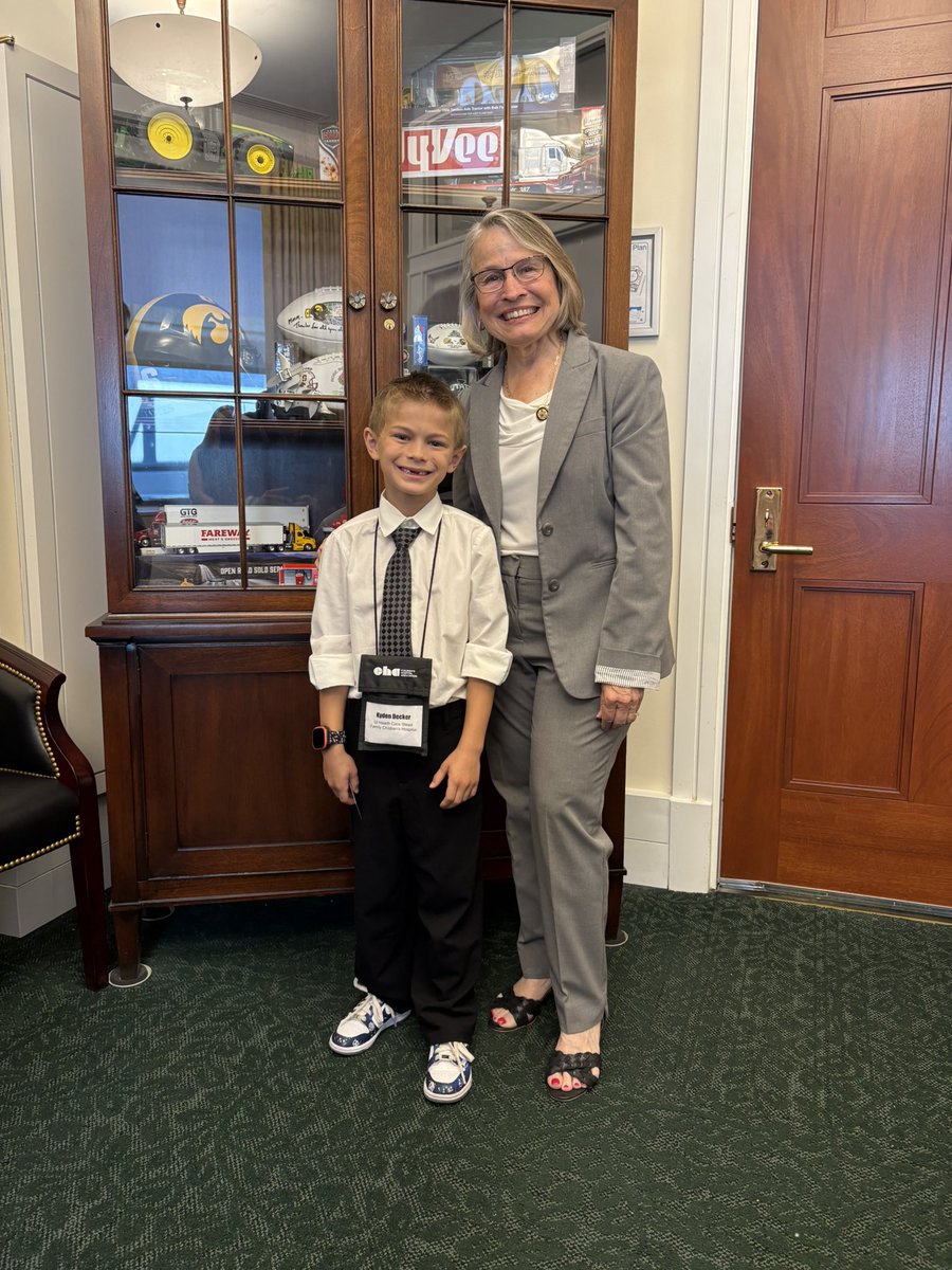 RepMMM's tweet photo. Wonderful meeting with Kyden and his family with the University of Iowa Stead Family Children’s Hospital.

Kyden stopped by to thank me for the Accelerating Kids Access to Care Act, which was signed into law to help children with complex medical needs access specialized care more quickly.

Meeting families like Kyden’s is a reminder of why I came to Congress: to make a difference for Iowa families and ensure every child has access to the care they need.