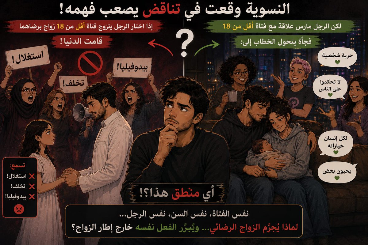 a04251920's tweet photo. النسوية وقعت في تناقض !

إذا اختار الرجل يتزوج فتاة اقل من 18 زواج برضاهما قامت الدنيا تسمع👇
استغلال❌
تخلف❌
بيدوفيليا❌

لكن الرجل عمل علاقة غير شرعي مع فتاة اقل من 18 وانجبت فجأة يتحول الخطاب إلى👇
حرية شخصية✔
لا تحكموا على الناس✔
لكل إنسان خياراته✔
يحبون بعض✔

هنا يحق للإنسان أن يسأل👌

هل المشكلة فعلا في العمر؟

أم أن المشكلة في الزواج نفسه؟

فكيف تكون راشدة في حالة وغير راشدة في حالة أخرى؟

المعايير لا تتغير بتغير الأهواء✋