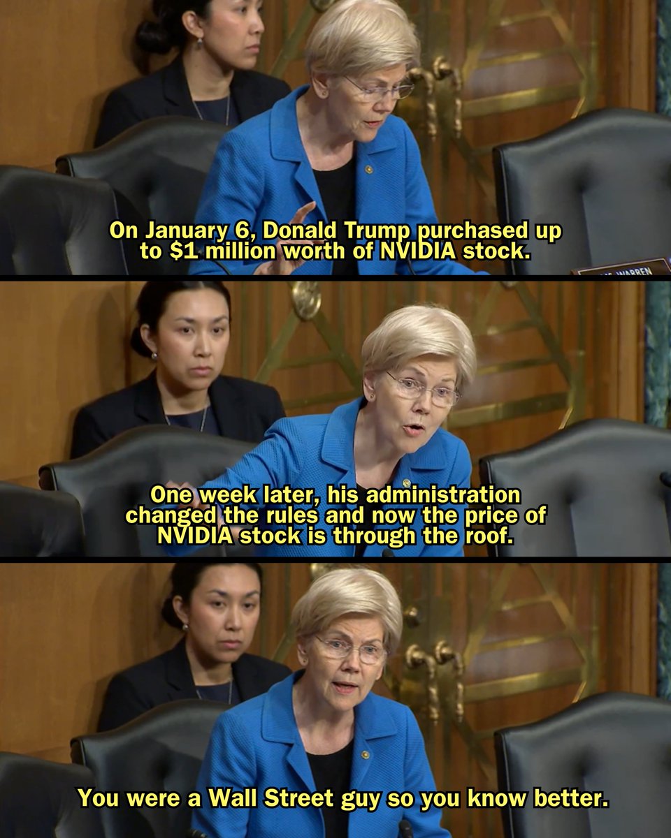 SenWarren's tweet photo. On January 6, Donald Trump bought up to $1 million in NVIDIA stock.
 
A week later, his Administration approved chip sales to China. Now, NVIDIA stock is through the roof.
 
You don’t need to be a Wall Street guy to know the President shouldn’t be doing this. https://t.co/uqQ5mFZdDh